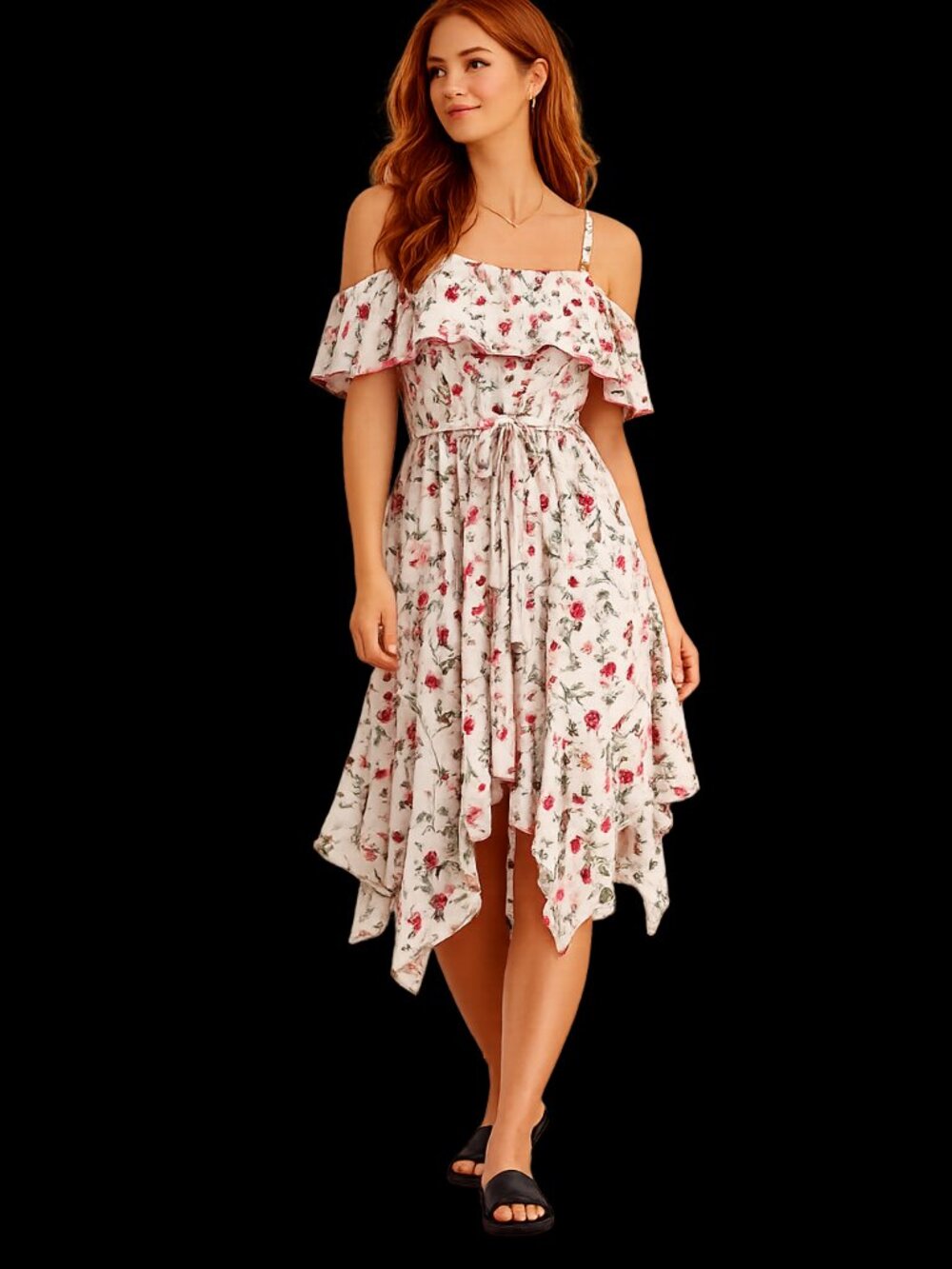 Lulus Off Shoulder Floral Ruffle Midi Dress White Red Green Size L